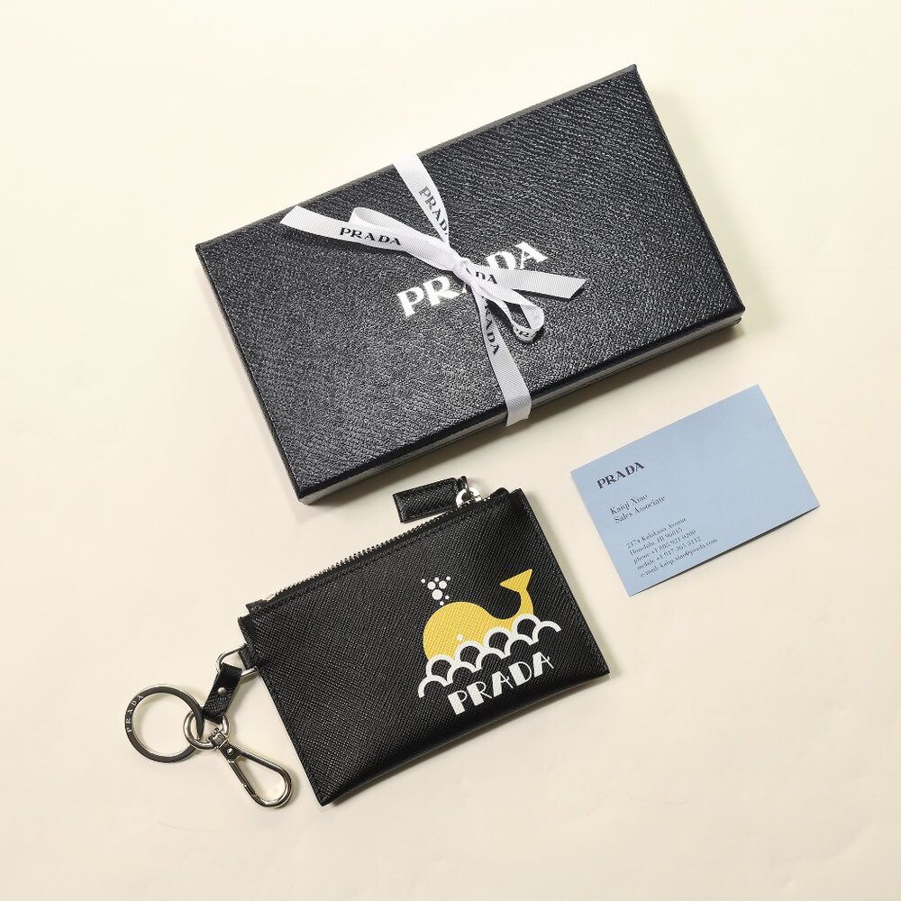 Prada Hawaii Whale Saffiano Coin Pouch Key Ring NIB